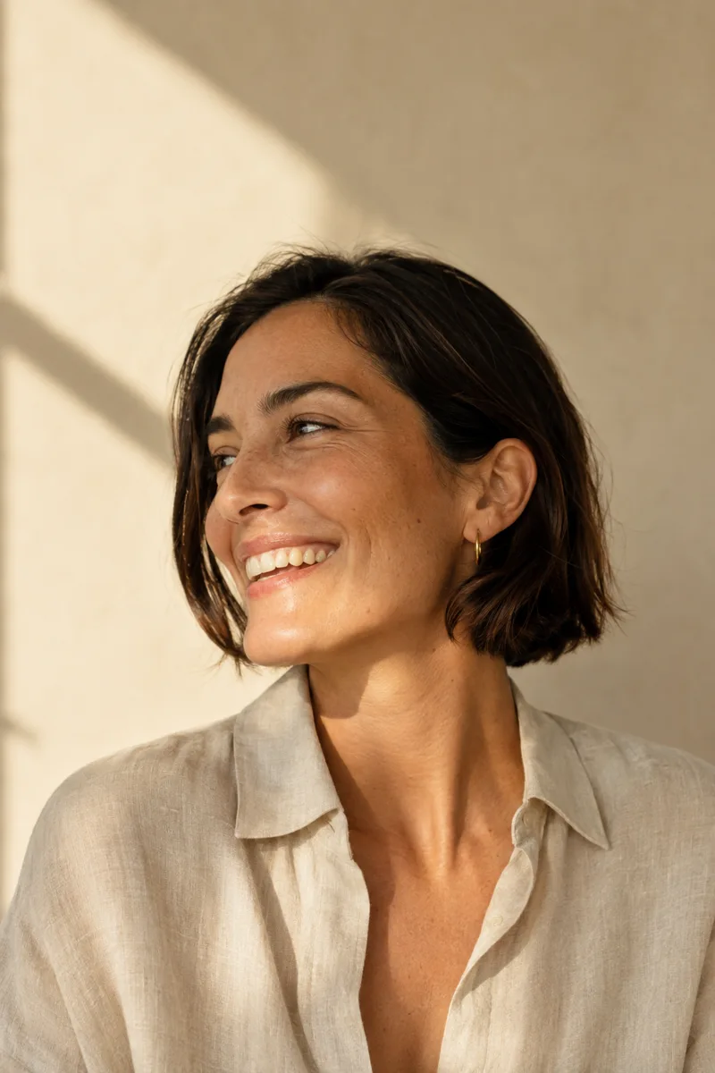 Retrato editorial de una mujer sonriendo con naturalidad